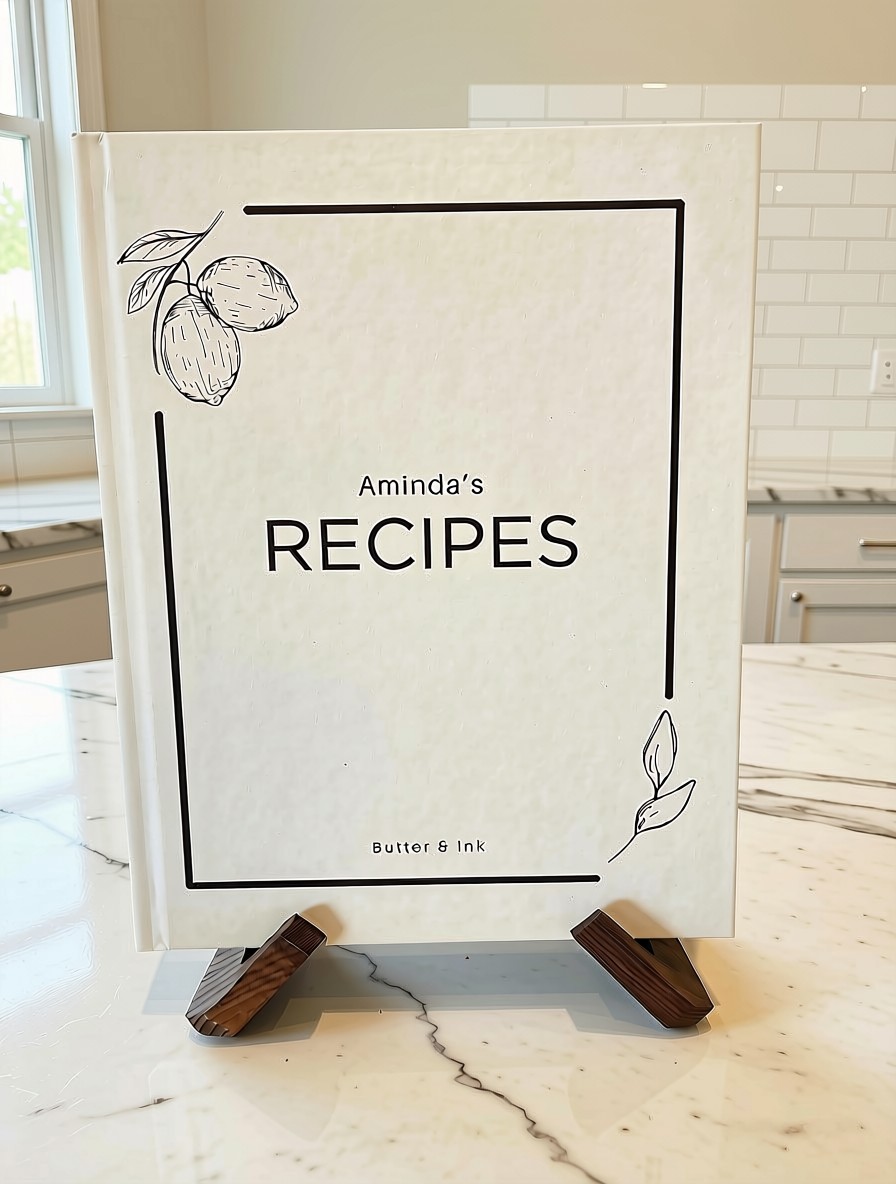 The cover of a Butter & Ink hardcover recipe book on a wooden stand: a custom title, a hand-drawn lemon illustration and a simple frame on a cream cover